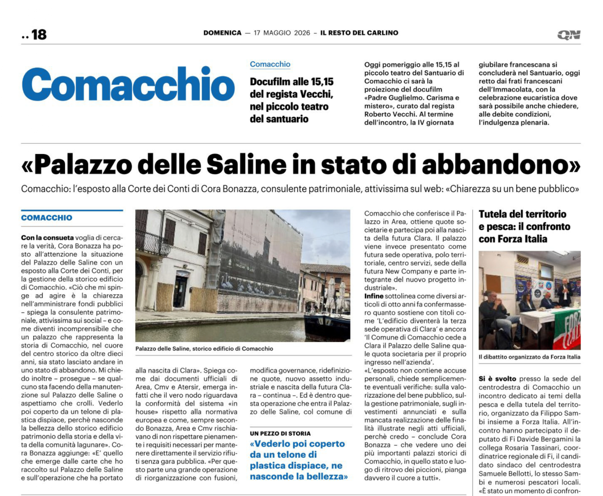 Cora Bonazza Palazzo delle Saline Comacchio - Il Resto del Carlino 17 maggio 2026