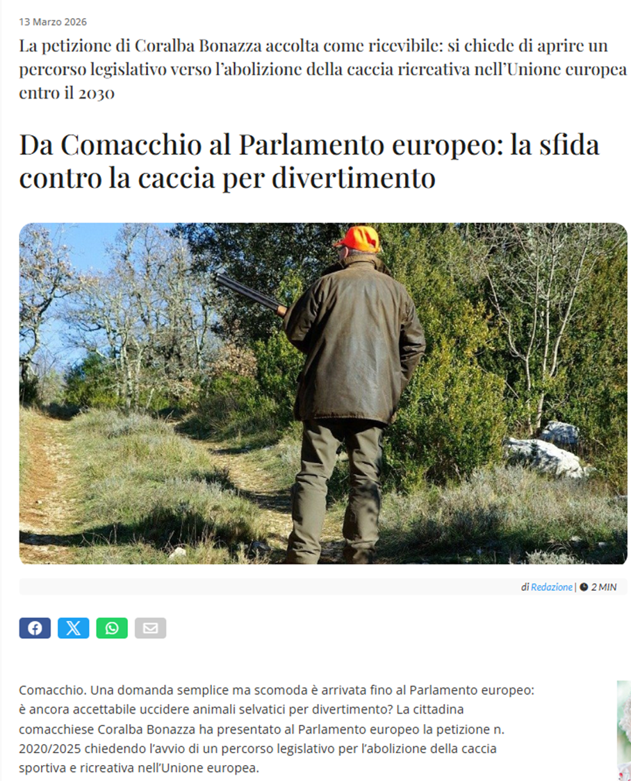 Articolo Estense.com - Da Comacchio al Parlamento europeo: la sfida contro la caccia per divertimento