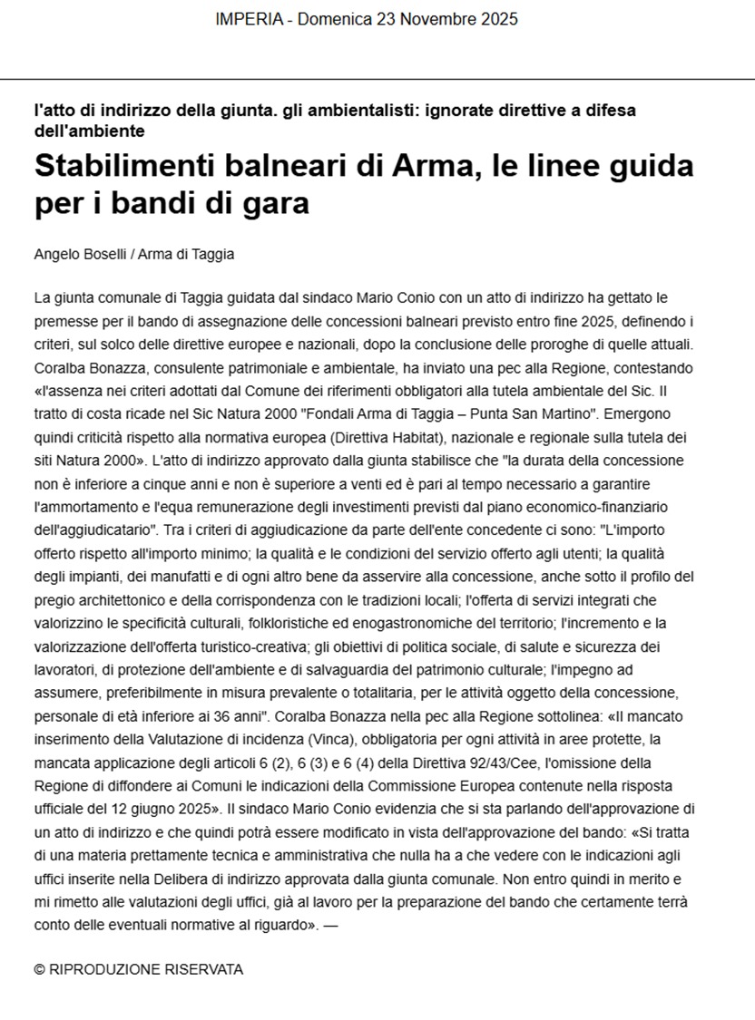 Articolo Secolo XIX - Stabilimenti balneari Arma di Taggia